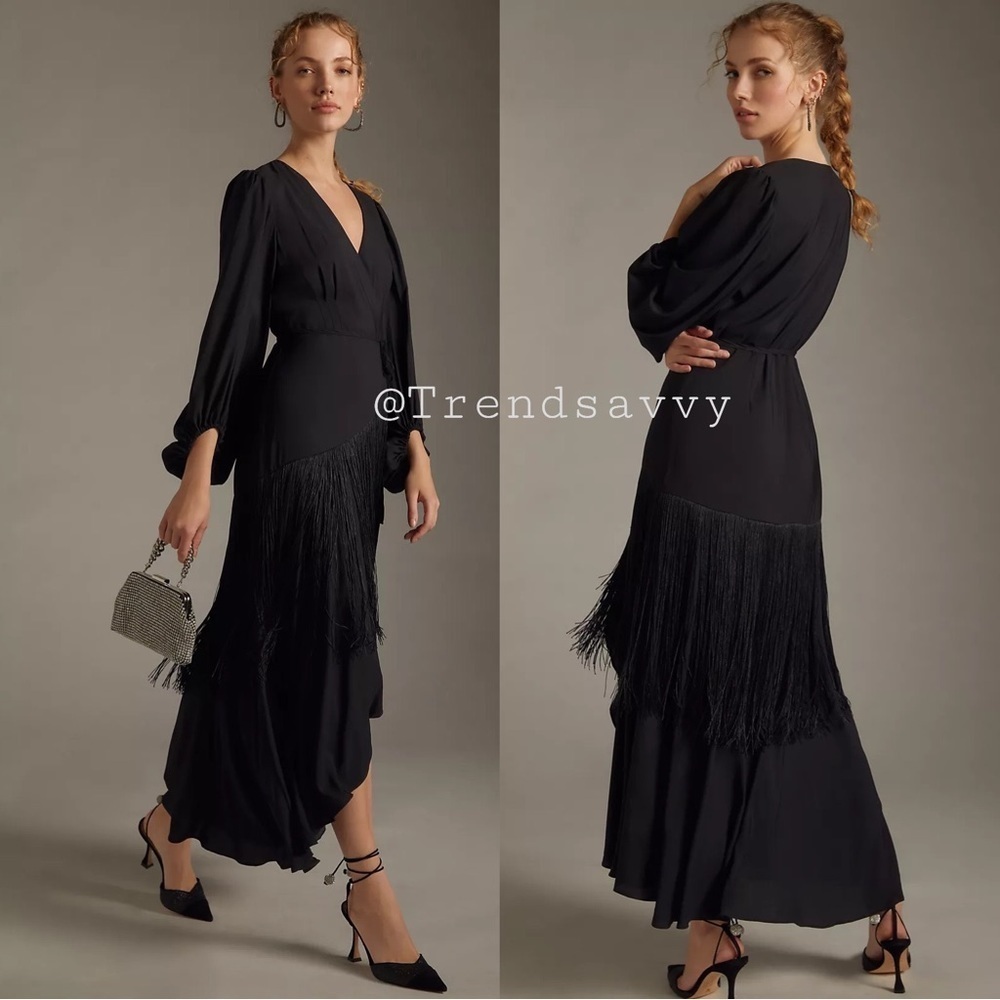 Anthropologie Hutch Black Fringe Wrap Maxi Dress Long Sleeve Extra Small  Boho